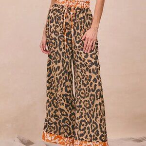 BiBi Leopard Print With Contrast Banded Wide Pants